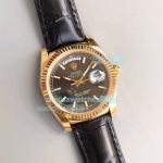 Swiss Replica Rolex Day-Date Yellow Gold Watch Black Dial Black Leather 36MM